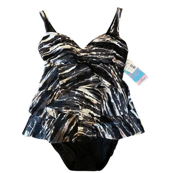 Swim Solutions Triple Tier Fauxini Black White One Piece Bathing Suit Size 10 - Picture 2 of 9